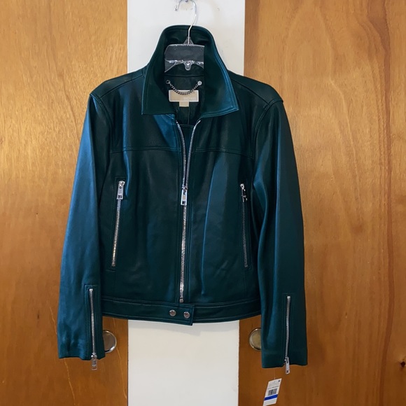 💚NWT Michael Kors Green Heavy Genuine Leather Moto Jacket - Picture 3 of 16